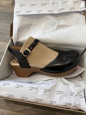 Dansko Black and Tan Leather Suede Slingback Clog with Buckle